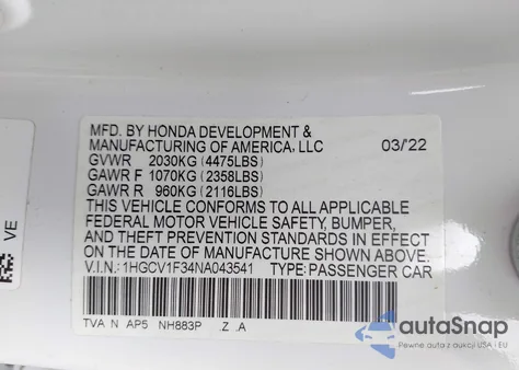 2022 Honda Accord Sport z USA, uszkodzony, nr VIN 1HGCV1F34NA043541